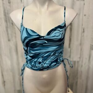 Papaya Blue Abstract Swirl Ruched Side Crop Top Women’s Large